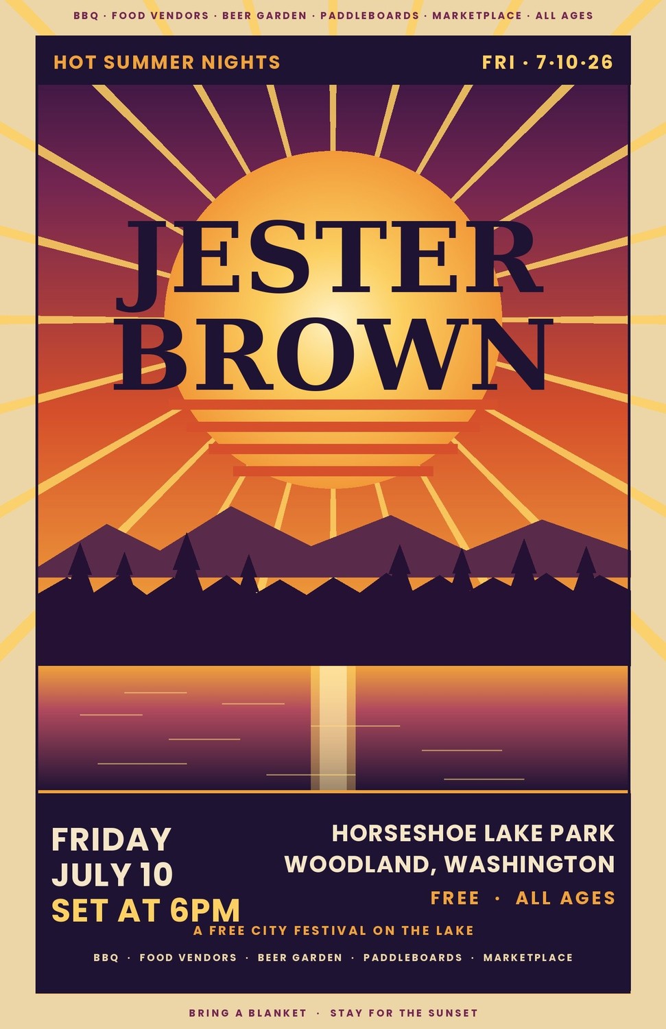 Jester Brown — Hot Summer Nights, Friday July 10 2026, Horseshoe Lake Park, Woodland WA
